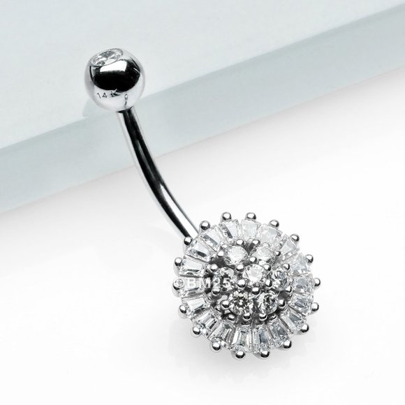 14 Karat White Gold Grand Sparkle Prong Set Flower Belly Button Ring - Picture 1 of 2